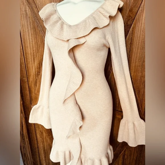 Elegant sz M Knit Beige Cream Luxe Dress - Picture 2 of 11